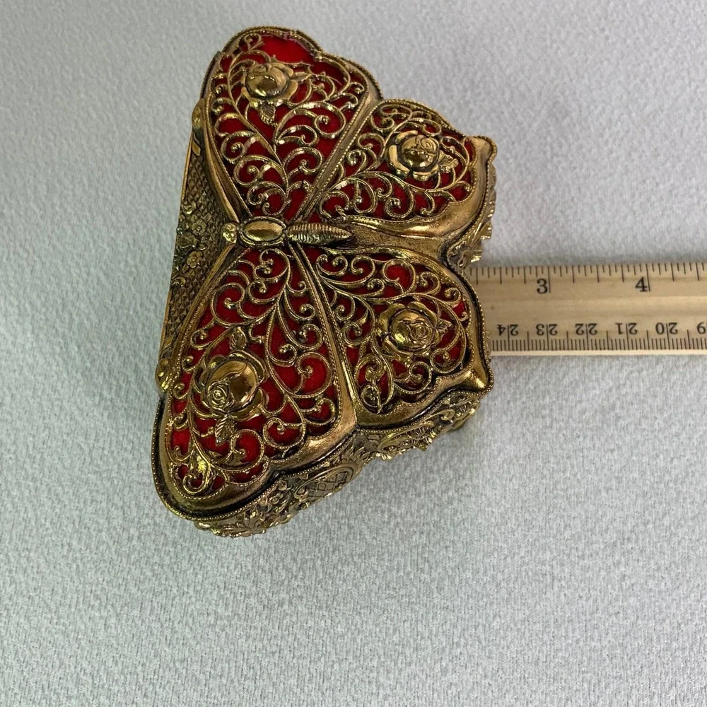Vintage Japan Butterfly Music Box Gold Filigree Red Velvet Jewelry Trinket